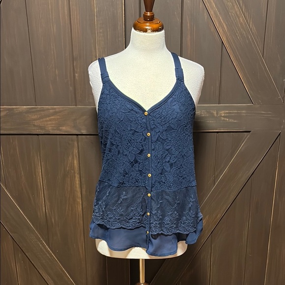Elegant Blue Lace Button-Down Top - Picture 1 of 6